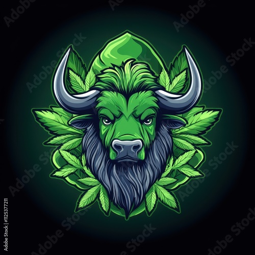 Green bull head with cannabis leaves. Powerful animal illustration with vibrant colors. photo