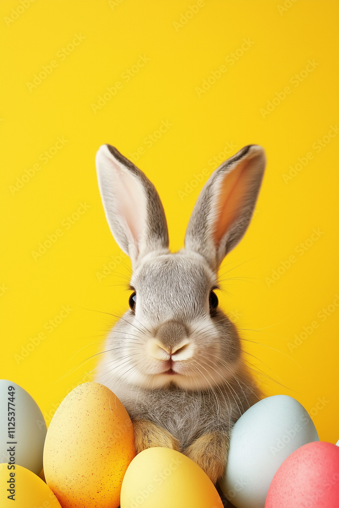 Fototapeta premium Cute rabbit surrounded by colorful eggs on a bright yellow background during spring celebration