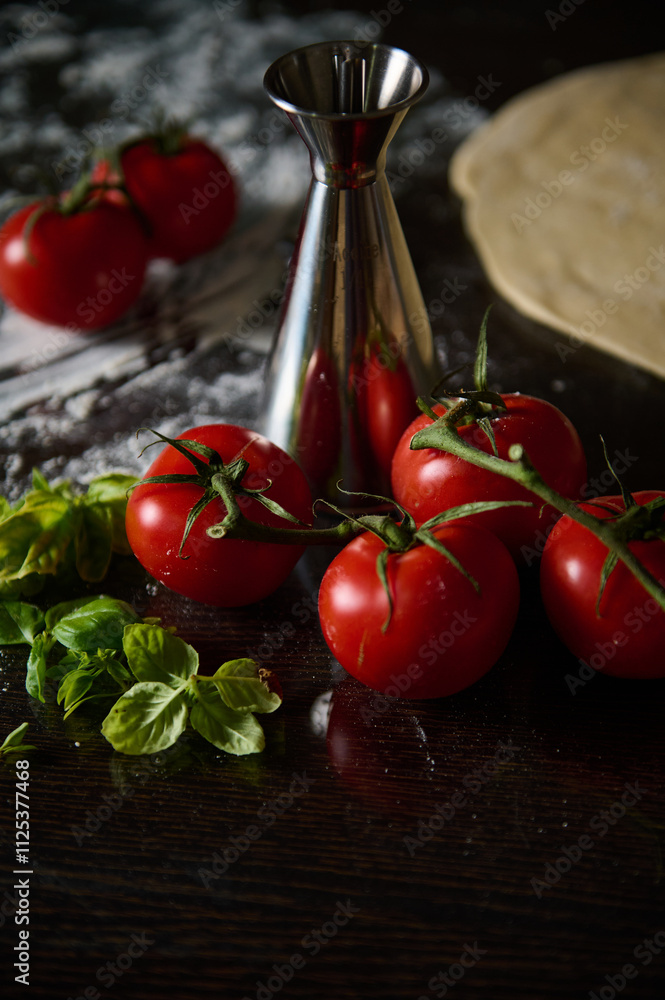 Fresh tomatoes and herbs on a dark wooden kitchen counter Fresh tomatoes and herbs on a dark wooden kitchen counter
