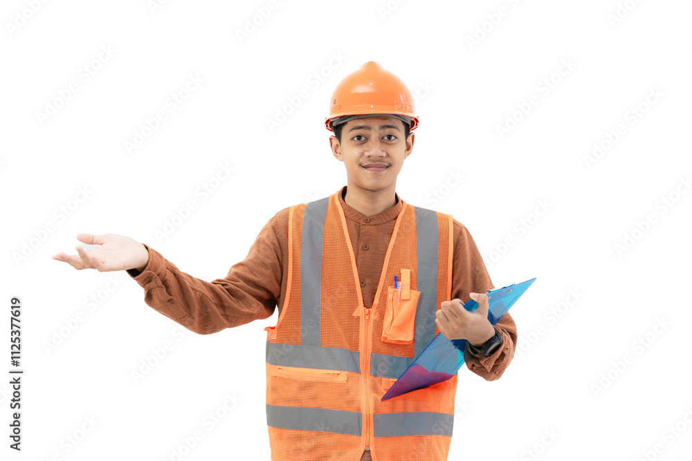 Young Indonesian male construction worker in full safety suit standing confidently holding clipboard, construction and industry concept, isolated on white background. Young Indonesian male construction worker in full safety suit standing confidently holding clipboard, construction and industry concept, isolated on white background.