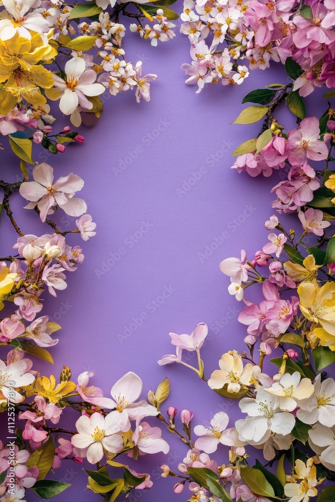 Bright purple background adorned with a floral frame of pastel pink, yellow, and white blossoms. Ideal for springtime greeting card themes. Composition offers ample space for personalized text. Bright purple background adorned with a floral frame of pastel pink, yellow, and white blossoms. Ideal for springtime greeting card themes. Composition offers ample space for personalized text.