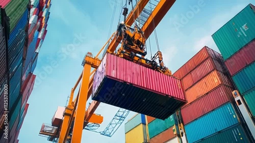 Bright yellow industrial crane is moving a red shipping container through the air at a busy shipping port. The container is surrounded by colorful stacked containers