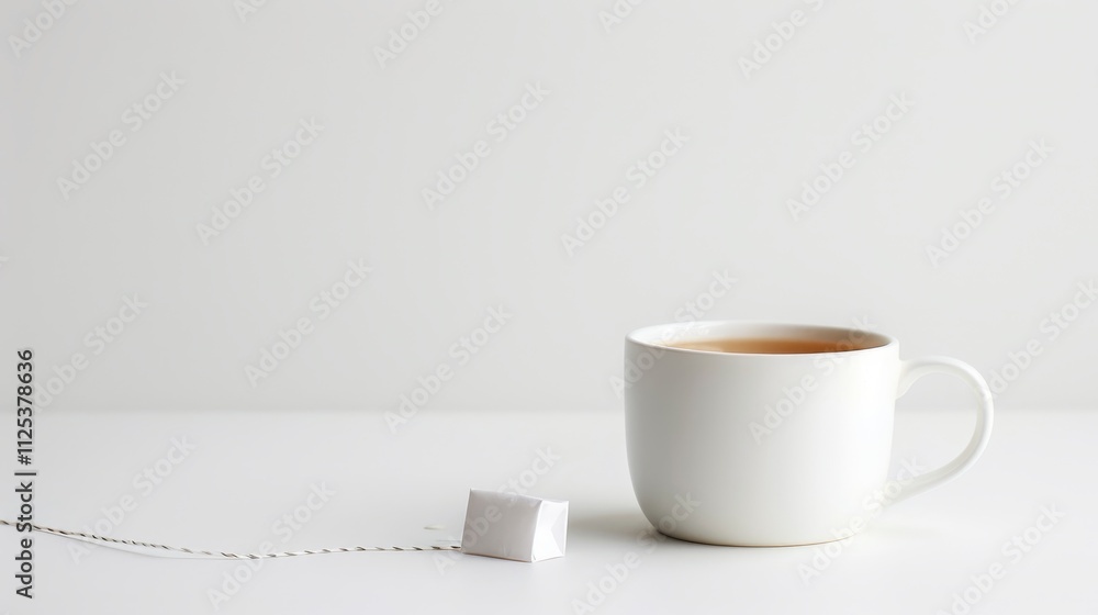 A minimalistic cup of tea with a teabag resting beside it on a clean surface. A minimalistic cup of tea with a teabag resting beside it on a clean surface.