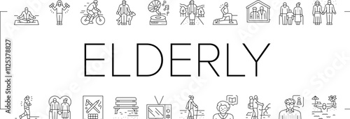 elderly leisure old happy people icons set vector. person park, man family, woman lifestyle, care active, healthy grandparent home elderly leisure old happy people black contour illustrations