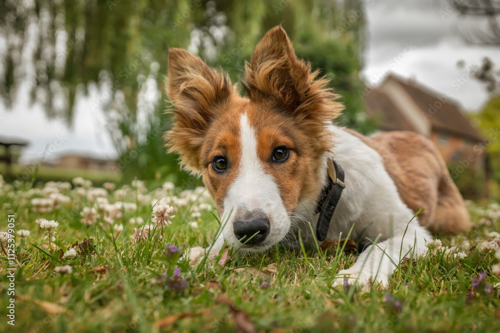Border Collie cross puppy dog lying down in the field Border Collie cross puppy dog lying down in the field