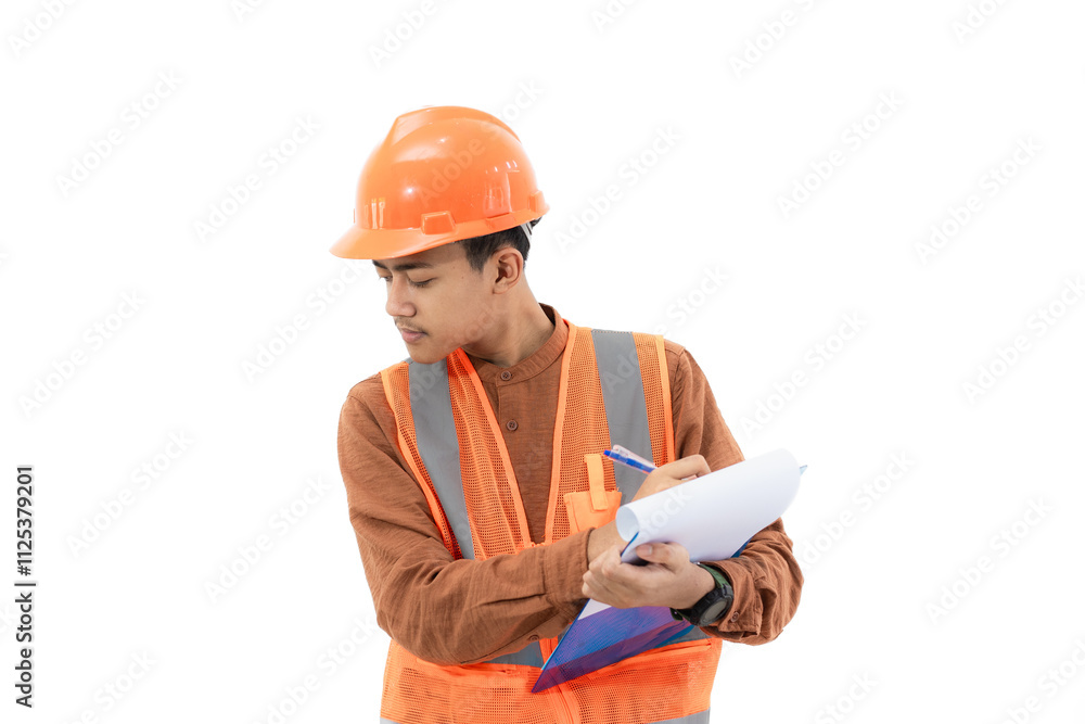 Young Indonesian male construction worker in full safety gear is seen focusing on filling out a report on a clipboard, construction and industry work concept, isolated on white background. Young Indonesian male construction worker in full safety gear is seen focusing on filling out a report on a clipboard, construction and industry work concept, isolated on white background.
