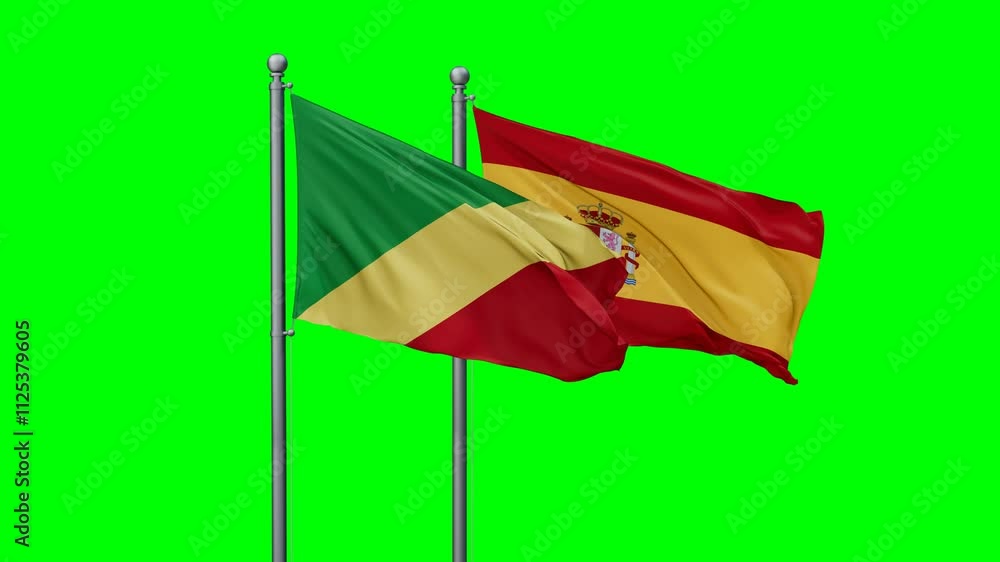 Spain and Congo Brazzaville flags flying together, video concept of the relationship with colored chroma key for easy background remove, two country cooperation concept Spain and Congo Brazzaville flags flying together, video concept of the relationship with colored chroma key for easy background remove, two country cooperation concept