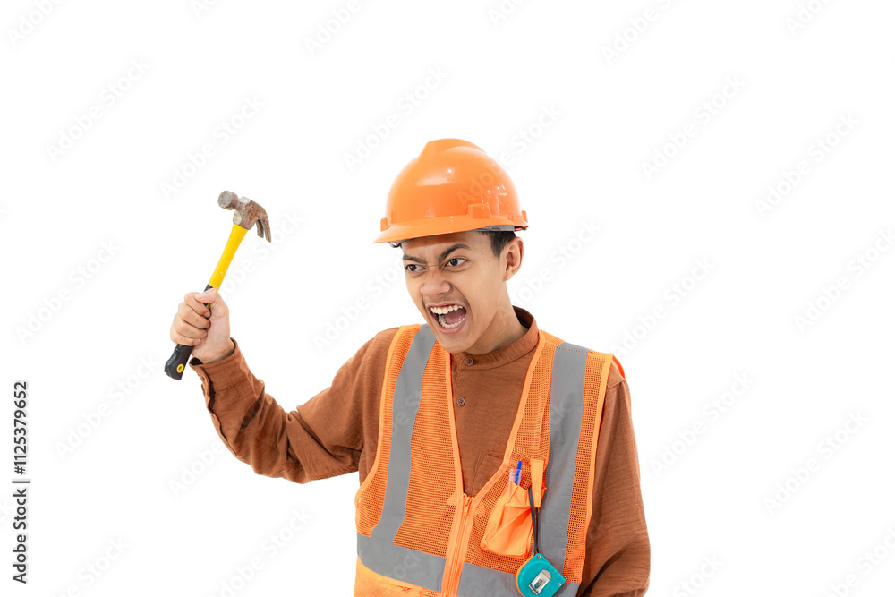 Young Indonesian male construction worker in full safety gear looking angry about to hit using hammer, construction and industry work concept, isolated on white background. Young Indonesian male construction worker in full safety gear looking angry about to hit using hammer, construction and industry work concept, isolated on white background.