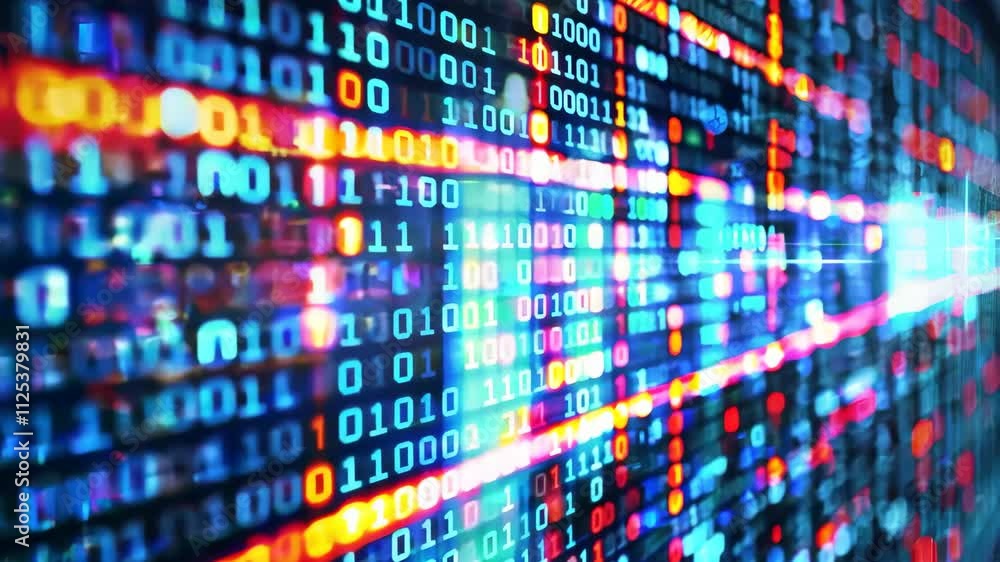 A computer screen with a lot of numbers and a blue background. The numbers are in different colors and are arranged in a grid. Concept of complexity and organization