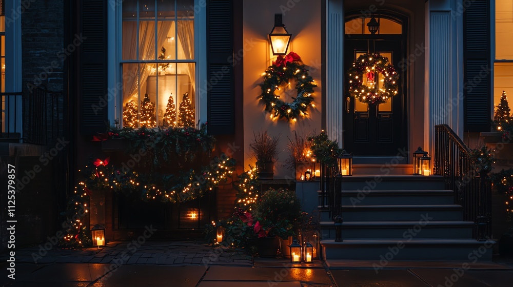 Festive Holiday Street with Decorated Houses and Snowy Winter Scene Festive Holiday Street with Decorated Houses and Snowy Winter Scene