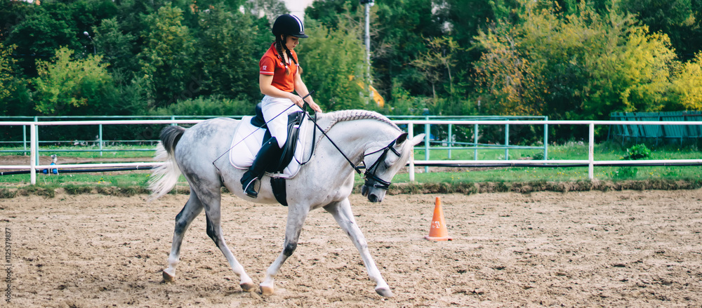 Caucasian active sportswoman riding on beautiful breed horse enjoying hobby practising during summer day on nature environment, concept of active Equestrianism for dressage champion stallion Caucasian active sportswoman riding on beautiful breed horse enjoying hobby practising during summer day on nature environment, concept of active Equestrianism for dressage champion stallion