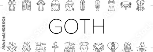 goth subculture punk gothic y2k icons set vector. heart tattoo, flame girl, people rocker, man metal, couple fire, woman graffiti goth subculture punk gothic y2k black contour illustrations