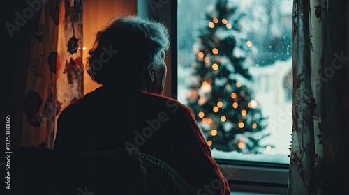 Wallpaper Mural Lonely senior woman sitting by a frosty window, her room softly lit by the warm glow of a Christmas tree. Torontodigital.ca