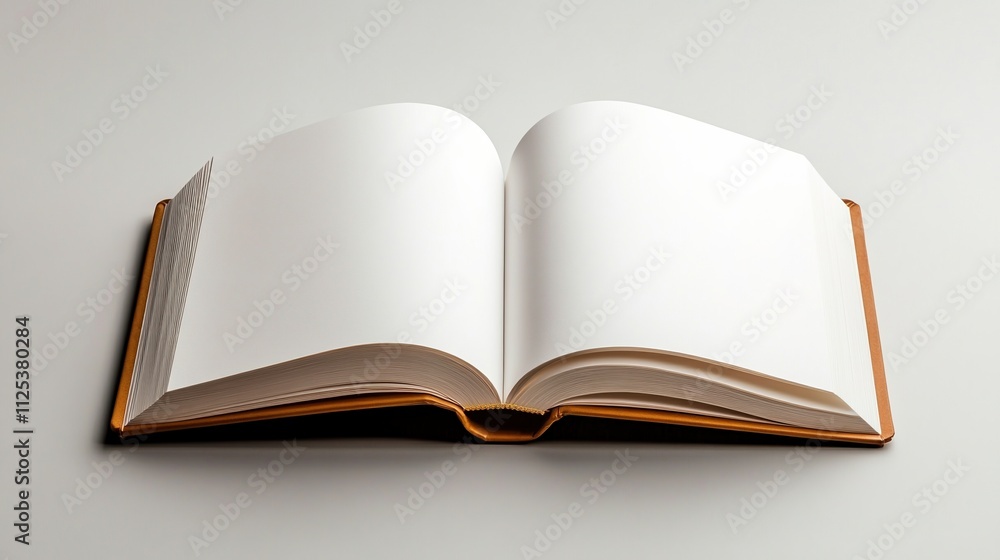 Rendering of blank hardcover book with open pages on plain white background Rendering of blank hardcover book with open pages on plain white background