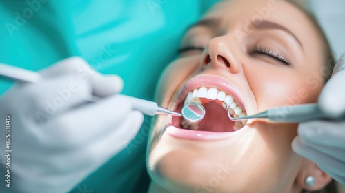 Woman at dental checkup with mirror and tools. Professional dentistry concept