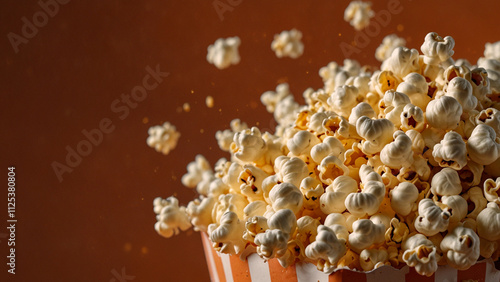 Popcorn wrapper with splash and spilling popcorn close up on orange background, cinema background.  photo