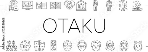 otaku anime manga eyes icons set vector. japanese, japan piece, one boy, asian concert, shirt cosplay, cheering cat, samurai otaku anime manga eyes black contour illustrations