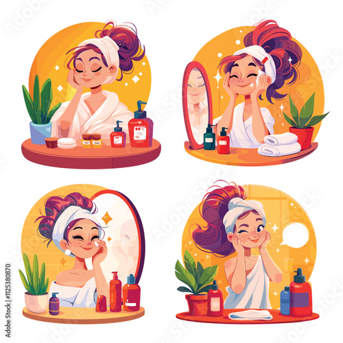 woman applying cream cartoon. brunette girl in towel doing cosmetic home procedures, face care mirror yellow wall flower cosmetic bottles vector illustration