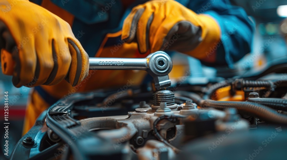 Portrait of a mechanic in a modern car service, using a ratchet under a car, focusing intently, wearing gloves Portrait of a mechanic in a modern car service, using a ratchet under a car, focusing intently, wearing gloves