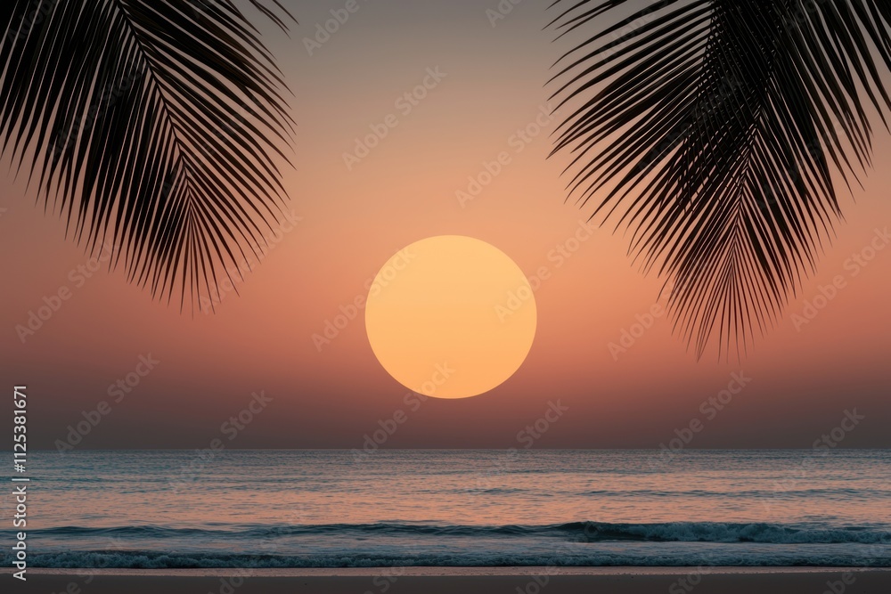 beach sunset illustration, golden sun setting over ocean waves, palm tree silhouettes, perfect for text in the sky, creating a serene scene beach sunset illustration, golden sun setting over ocean waves, palm tree silhouettes, perfect for text in the sky, creating a serene scene