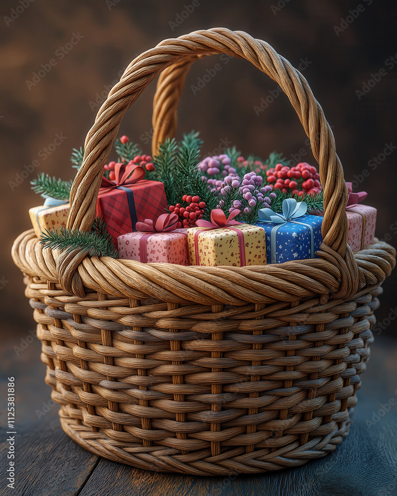 Wicker basket filled with gift boxes. Wicker basket filled with gift boxes.