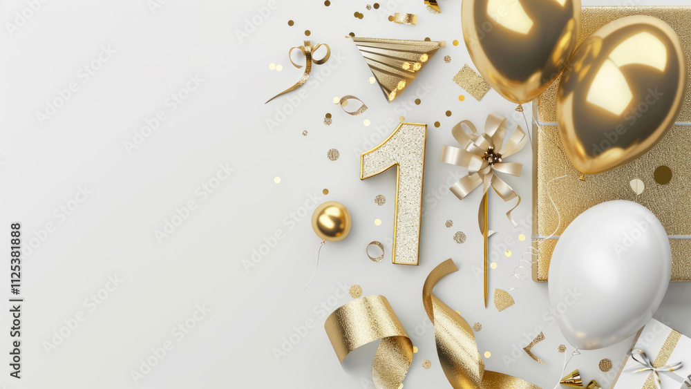 Golden Glitter Number 1 Celebration With Balloons And Gift Box Golden Glitter Number 1 Celebration With Balloons And Gift Box