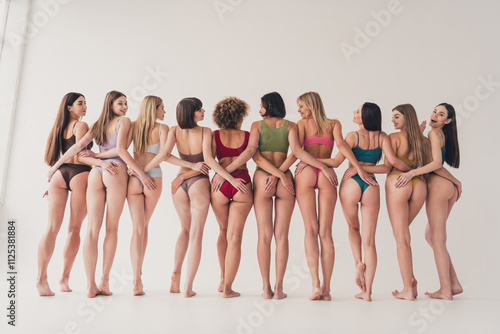 Φωτογραφία Full length no filter studio photo of sexy shape women underwear embracing stand
