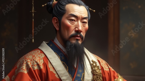 2)	A detailed photorealistic portrait of Emperor Jimmu, depicted in traditional Japanese attire, showcasing intricate patterns and vibrant colors, with a serene expression that reflects his historical
