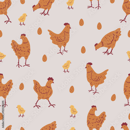 Hand Drawn Chickens, Chicks, and Eggs. Brown Birds on Light Grey Background. Easter Seamless Pattern with Poultry.