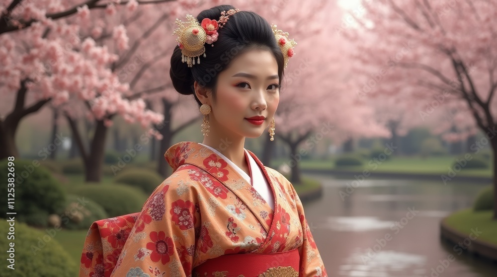 A photorealistic image of a person wearing a traditional kimono attire, showcasing intricate patterns and vibrant colors, set against a serene Japanese garden backdrop with cherry blossoms. A photorealistic image of a person wearing a traditional kimono attire, showcasing intricate patterns and vibrant colors, set against a serene Japanese garden backdrop with cherry blossoms.