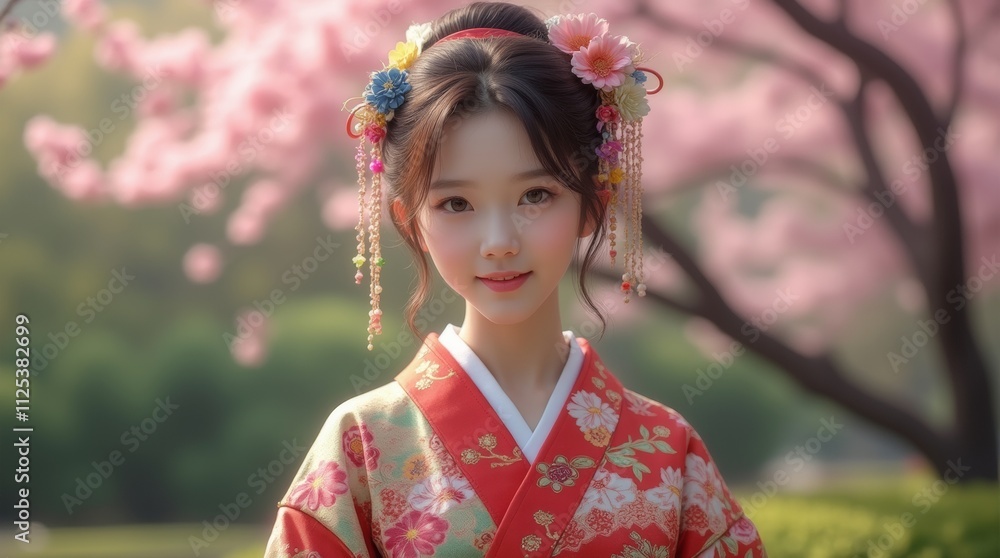 A photorealistic image of a person wearing a traditional kimono attire, showcasing intricate patterns and vibrant colors, set against a serene Japanese garden backdrop with cherry blossoms. A photorealistic image of a person wearing a traditional kimono attire, showcasing intricate patterns and vibrant colors, set against a serene Japanese garden backdrop with cherry blossoms.
