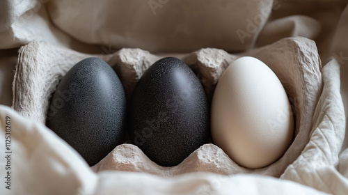 Unique collection of black and white eggs displayed in an organic carton on a soft fabric background photo