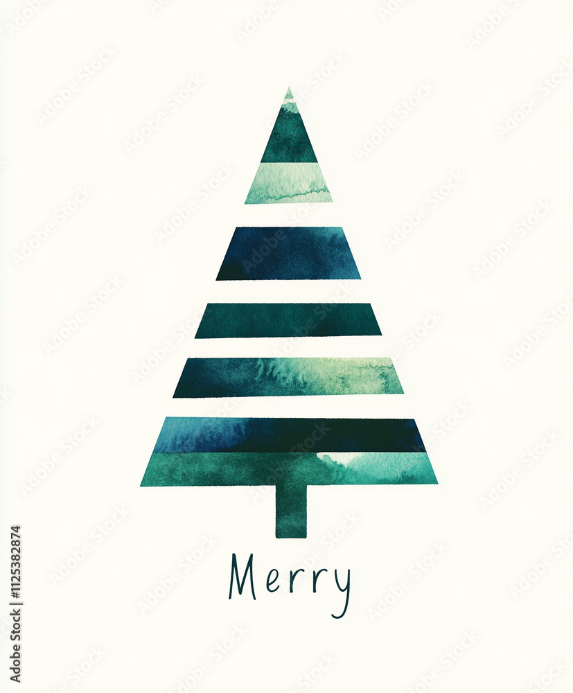 Fototapeta premium A simple, elegant Christmas card design featuring an abstract tree made of overlapping green and blue stripes on white paper with the word 