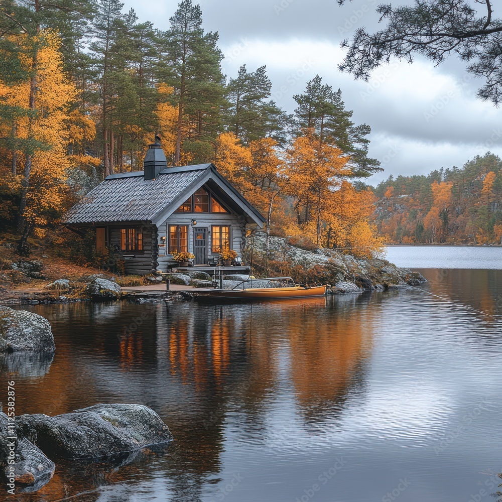 Obraz premium A serene lakeside cabin surrounded by autumn foliage and calm waters.