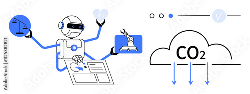 AI robot managing robotic arm and data charts, controlling CO2 emissions. Ideal for technology, AI, robotics, industry, environmental science, automation and emission control. Line metaphor