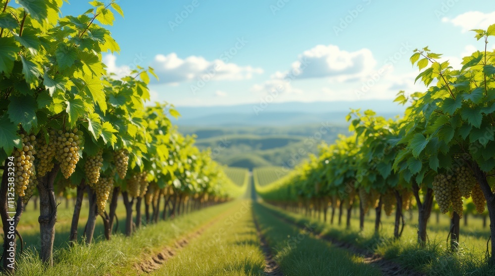 Naklejka premium A photorealistic image of lush grape vines growing in a vineyard, with clusters of ripe grapes hanging from the vines, set against a backdrop of rolling hills and a clear blue sky