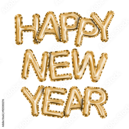 Happy New Year phrase made of golden inflatable balloons, Luxury realistic balloons. 3D gold glossy helium balloons isolated on white background, vector illustration