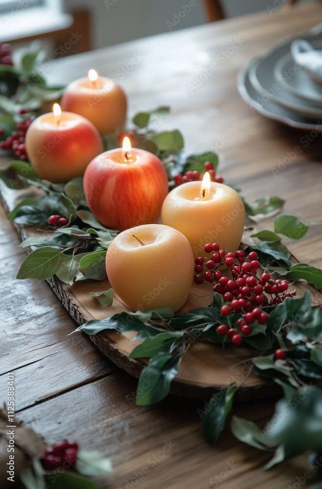 Festive apple candles on a wooden plate with greenery and red berries make a cozy autumn kitchen decoration, perfect as a fall wedding centerpiece or simple home art project.
Festive apple candles on a wooden plate with greenery and red berries make a cozy autumn kitchen decoration, perfect as a fall wedding centerpiece or simple home art project.