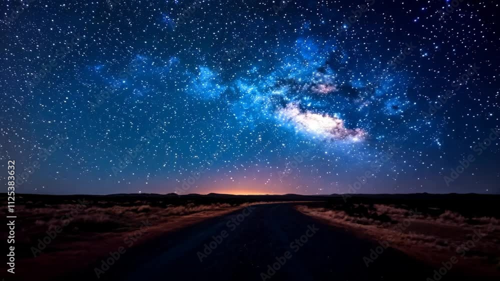 A dark sky with a road in the middle and a large amount of stars. The sky is filled with stars and the road is empty