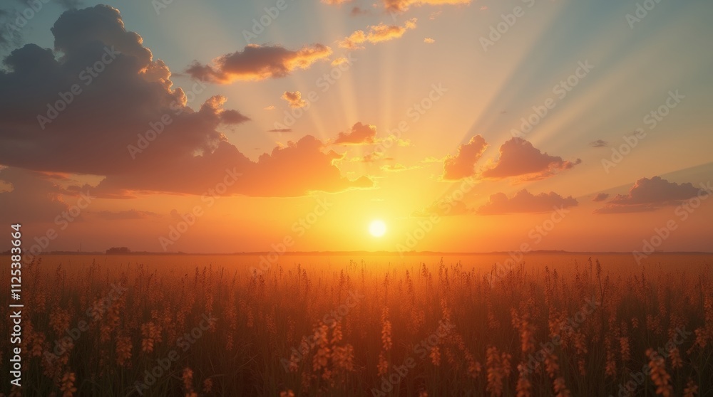 Fototapeta premium A stunning photorealistic image of a rising sun over a tranquil landscape, casting warm golden rays across the horizon, with soft clouds in the sky. Ideal for capturing the beauty of dawn.
