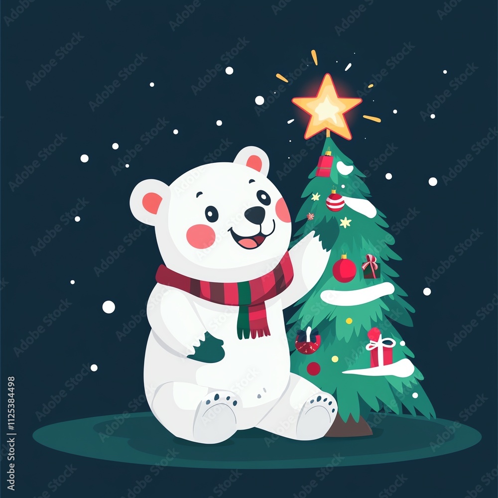 illustration flat design style cute polar bear holding a star near a Christmas tree illustration flat design style cute polar bear holding a star near a Christmas tree
