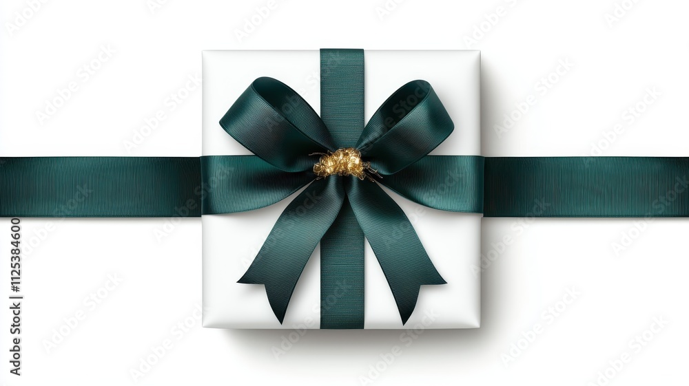 White elegant gift box with a dark green ribbon bow isolated on white background. Top view White elegant gift box with a dark green ribbon bow isolated on white background. Top view