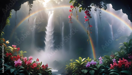 Magical Waterfall with Vibrant Flowers and Rainbows in a Lush Jungle