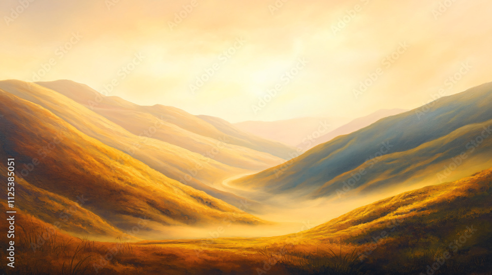 Obraz premium Misty autumn hills with soft morning sunlight casting a golden glow over the landscape