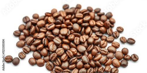 A close-up view of high-quality coffee beans isolated on a white background, ideal for coffee shop flyers or websites, websites, high-quality