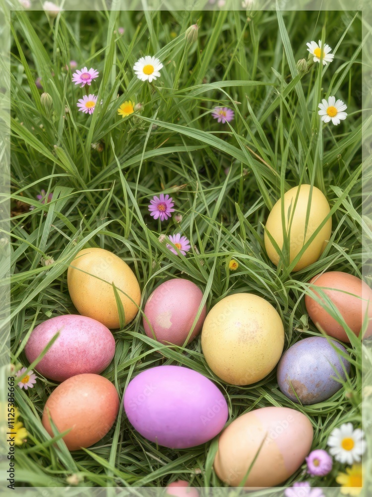 Fototapeta premium Colorful Easter eggs nestled in the grass of a meadow, cheerful