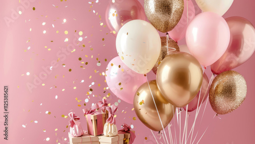 Pink And Gold Themed Birthday Party With Balloons And Gifts