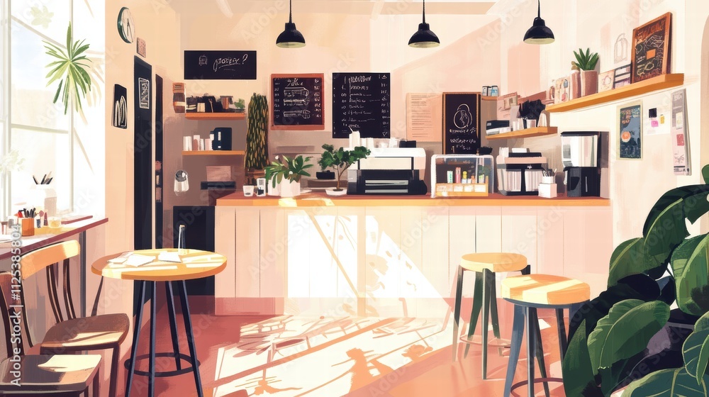 A cartoonish drawing of a cafe with a clock on the wall. Illustration A cartoonish drawing of a cafe with a clock on the wall. Illustration