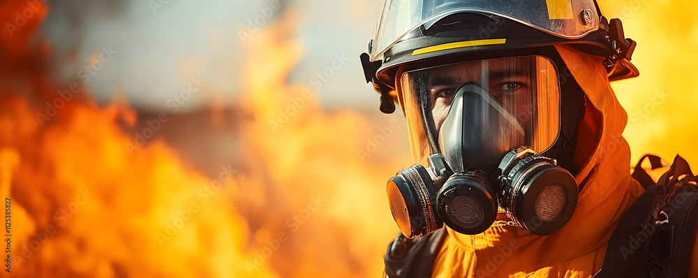 Portrait of a firefighter in a fire zone against the background of fire. Emergency situation. Rescue operation to eliminate the consequences of an explosion. Banner copyspace. Portrait of a firefighter in a fire zone against the background of fire. Emergency situation. Rescue operation to eliminate the consequences of an explosion. Banner copyspace.