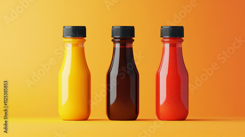 Blank colorful bottle mockup for sauce or jam canning preservation. Realistic 3d vector set of food package with black lid template. Container for mustard, mayonnaise and other dip branding.